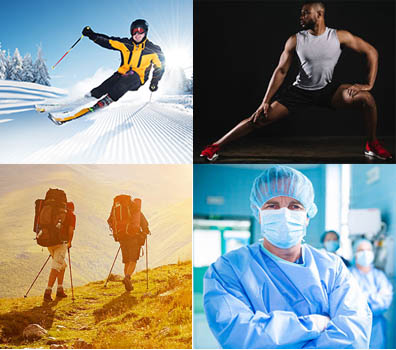 Collage of outdoor hiking, skiing, athlete and doctor